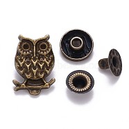 Brass Snap Buttons, Alloy Cap, Garment Buttons, Cadmium Free & Lead Free, Owl Shape, Antique Bronze, Cap: 21.5x15mm, Pin: 3mm, Stud: 10x4mm, knob: 4.5mm & 10x6.5mm, knob: 3.5mm, Socket: 12x4mm, half-drill: 5mm(X-SNAP-S012-008-RS)
