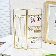 Iron Jewelry Display Folding Screen Stands with 2 Folding Panels, Jewellery Earring Organizer Hanging Holder, for Necklace, Bracelet, Ring, Rectangle, Golden, 28x20.5x1.4cm(ODIS-F001-02G)