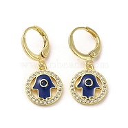 Hamsa Hand Real 18K Gold Plated Brass Dangle Leverback Earrings, with Enamel and Cubic Zirconia, Midnight Blue, 27x12mm(EJEW-Q797-10G-03)