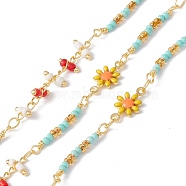 Handmade Eco-friendly Brass Enamel Flower Link Chain, with Glass Seed Beaded, Real 18K Gold Plated, Lead Free & Cadmium Free, Soldered, with Spool, Colorful, 13x7x2.5mm, 21.5x2.5mm(CHC-E025-19G)