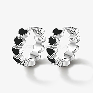Rhodium Plated 925 Sterling Silver Huggie Hoop Earrings for Women, with S925 Stamp & Enamel, Ring with Heart, Platinum, Black, 15x14mm(DS9629-3)