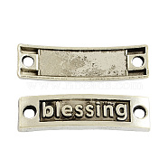 Tibetan Style Alloy Links connectors, Shoes Lace Tags, Trainer Tags, Rectangle with Word blessing, Cadmium Free & Lead Free, Antique Silver, 9x35x2.5mm, Hole: 3mm(TIBE-3593-AS-LF)