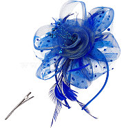 Mesh Top Hat Alligator Hair Clips, Feather Fascinator Headdress Bridal Hair Accessories, Blue, 310x220x50mm(OHAR-WH0015-20)