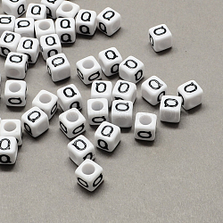 Large Hole Acrylic Letter European Beads, Horizontal Hole, White & Black, Cube with Letter, Letter.Q, 8x8x8mm, Hole: 4mm, about 1144pcs/500g(SACR-Q103-8mm-01Q)