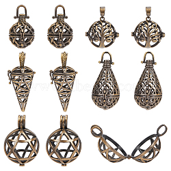 10Pcs 5 Styles Brass Hollow Cage Pendants, For Chime Ball Pendant Necklaces Making, Round & Teardrop & Cone, Antique Bronze, 24.5~47x22~26x20~24mm, Hole: 4~7x4~8mm, 2pcs/style(KK-SC0003-06)