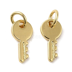 Rack Plating Brass Cubic Zirconia Charms, Cadmium Free & Lead Free, Long-Lasting Plated, Key Charm, with Jump Ring, Real 18K Gold Plated, 12x6x1mm, Hole: 3.3mm(KK-Q795-07G)