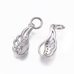 Brass Cubic Zirconia Pendants, with Synthetic Opal, Wing, Platinum, White, 18.5x8x2.5mm, Hole: 4mm(KK-L177-64P-D)