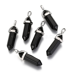 Natural Black Obsidian Double Terminated Pointed Pendants, with Random Alloy Pendant Hexagon Bead Cap Bails, Bullet, Platinum, 36~45x12mm, Hole: 3x5mm, Gemstone: 10mm in diameter(X-G-F295-04K)