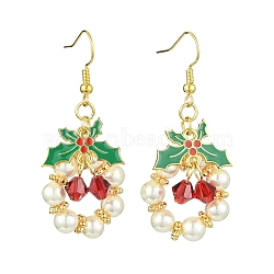 Christmas Theme Imitation Austrian Crystal & Round Shell Pearl Dangle Earrings, with Alloy Enamel Links Connectors, Christmas Holly Leaves, Mixed Color, 51x21.5mm(EJEW-TA00467)