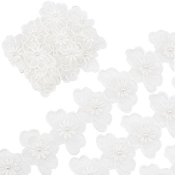 3 Yards Embroidery Flower Polyester Lace Trim, with Imitation Pearl Beads, for Sewing Decoration Craft, White, 2-3/8 inch(60mm)