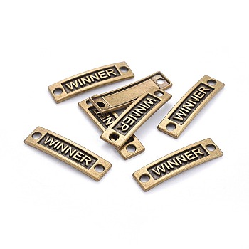 Tibetan Style Alloy Links, Shoes Lace Tags, Trainer Tags, Rectangle with Word Winner, Cadmium Free & Nickel Free & Lead Free, Antique Bronze, 36x10x2mm, Hole: 3mm, about 41pcs/101g