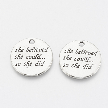 Tibetan Style Alloy Quote Pendants, Flat Round with Word, Cadmium Free & Lead Free, Antique Silver, 22x1mm, Hole: 2mm