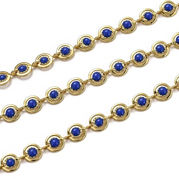 Brass Link Chains, with Enamel, Spool, Long-Lasting Plated, Unwelded, Flat Round, Golden, Dark Blue, Links: 9x6x1.5mm