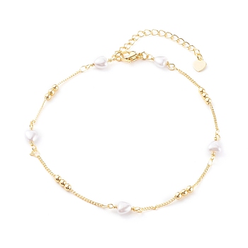 Brass Curb Chain Anklets, with Heart Glass Beads, Golden, 9-7/8 inch(25cm)