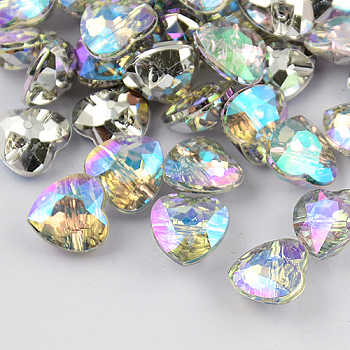 1-Hole Taiwan Acrylic Rhinestone Heart Buttons, Faceted & Silver Plated Pointed Back, Colorful, 15x15x7.5mm, Hole: 1mm