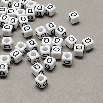 Large Hole Acrylic Letter European Beads, Horizontal Hole, White & Black, Cube with Letter, Letter.Q, 8x8x8mm, Hole: 4mm, about 1144pcs/500g