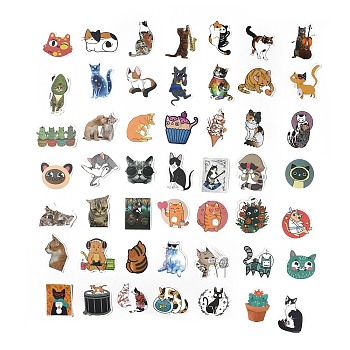 50Pcs 50 Styles Paper Cartoon Stickers Sets, Adhesive Decals for DIY Scrapbooking, Photo Album Decoration, Cat Pattern, 40~63x35~70x0.2mm, 1pc/style