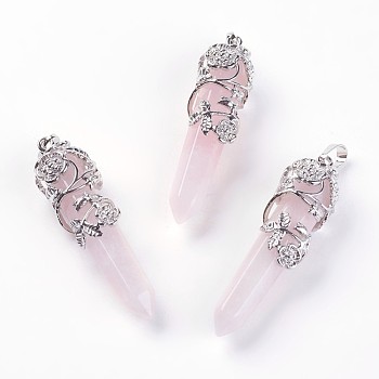 Natural Rose Quartz Big Pointed Pendants, with Platinum Plated Brass Findings, Bullets, 55~60x16mm, Hole: 5x8.5mm