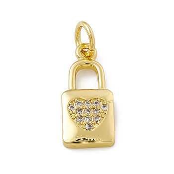 Brass Micro Pave Clear Cubic Zirconia Pendants, with Open Jump Rings, Lock Charms with Heart Pattern, Real 18K Gold Plated, 16x7x2mm, Jump Ring: 4.5x0.7mm, Inner Diameter: 3mm 