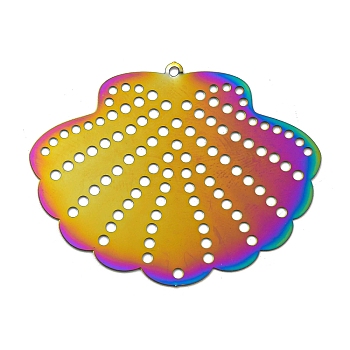 Ion Plating(IP) 201 Stainless Steel Etched Metal Embellishments Pendants, Rainbow Color, Shell Shape, 33x41.5x0.3mm, Hole: 1.2mm