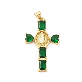 Rack Plating Brass Pendants, with Glass Cubic Zirconia, Religion Heart Cross with Virgin Mary Charm, Cadmium Free & Lead Free, Long-Lasting Plated, Real 18K Gold Plated, Green, 39x23x4mm, Hole: 5x3mm