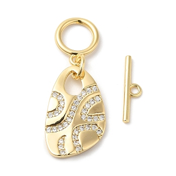 Brass Micro Pave Clear Cubic Zirconia Toggle Clasps, Leaf, Real 18K Gold Plated, Pendant: 17.5x11x2mm, Bar: 13x3x1mm, Hole: 1.2mm