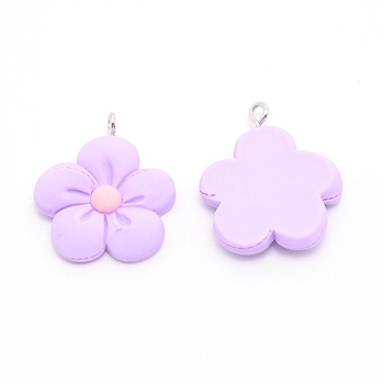 Resin Pendants, with Platinum Iron Finding, Flower, Lilac, 28x24x5mm, Hole: 2mm