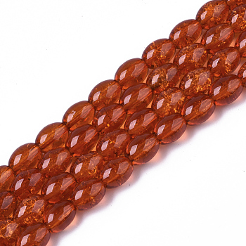 Transparent Crackle Glass Beads Strands, Oval, Dark Orange, 8x5.5~6mm, Hole: 1mm, about 100pcs/strand, 31.4 inch