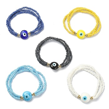 Glass Seed Beaded Triple Layer Stretch Bracelet with Lampwork Evil Eye, Mixed Color, Inner Diameter: 2 inch(5.1~5.2cm)