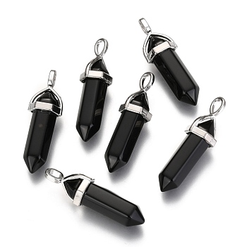 Pendentifs pointus en obsidienne noire naturelle à double terminaison, avec pendentif en alliage aléatoire, balle, platine, 36~45x12mm, Trou: 3x5mm, pierre précieuse: 10 mm de diamètre