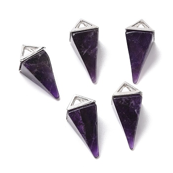 Natural Amethyst Pendants, with Platinum Tone Alloy Findings, Pyramid, 29~38x15~15.5x15~15.5mm, Hole: 6x5mm