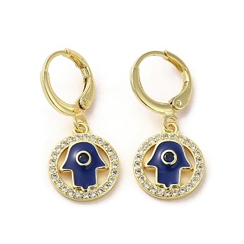 Hamsa Hand Real 18K Gold Plated Brass Dangle Leverback Earrings, with Enamel and Cubic Zirconia, Midnight Blue, 27x12mm