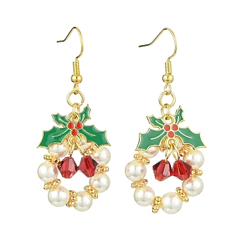 Christmas Theme Imitation Austrian Crystal & Round Shell Pearl Dangle Earrings, with Alloy Enamel Links Connectors, Christmas Holly Leaves, Mixed Color, 51x21.5mm