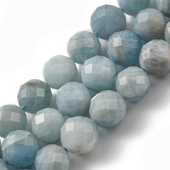 Natural Aquamarine Beads Strands, Faceted(64 Facets), Round, 9~10mm, Hole: 1mm, about 38pcs/strand