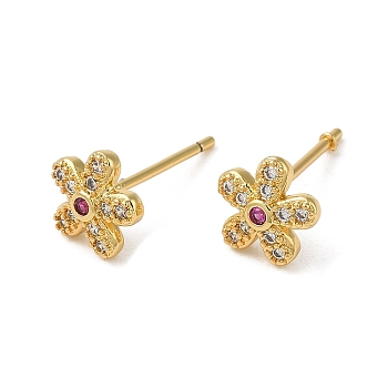 Rack Plating Brass Flower Stud Earrings, with Cubic Zirconia, Lead Free & Cadmium Free, Real 18K Gold Plated, 7x7.5mm