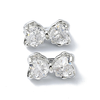 Brass Pave Cubic Zirconia Multi-Strand Links, 3-Hole, Bowknot, Platinum, Clear, 7x12x7mm, Hole: 1.2mm