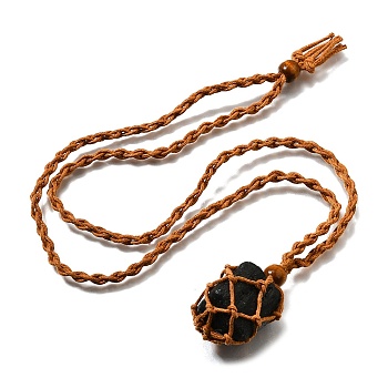 Natural Black Tourmaline Macrame Pouch Adjustable Slider Necklaces, with Waxed Cord, Sandy Brown, 18.86 inch(47.9cm)