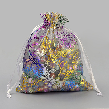 Organza Gift Bags, Drawstring Bags, with Colorful Coral Pattern, Rectangle, White, 12x9cm