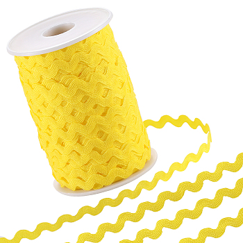 2 trands Polyester Wave Bending Fringe Trim, Sewing Ribbon, for Cloth Dress DIY Making Decorate, with Spool, Yellow, 3/16 inch~3/8 inch(5~8.5mm), about 22~25m/strand
