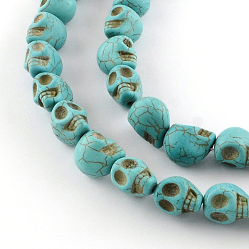 Gemstone Beads Strands, Synthetical Turquoise, Skull, for Halloween, Light Sea Green, 13x12x13mm, Hole: 2mm, about 26pcs/strand.