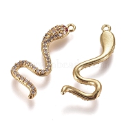 Brass Micro Pave Cubic Zirconia Pendants, Snake, Clear, Golden, 30.5x11x2.5mm, Hole: 1.4mm(ZIRC-L075-78A-G)