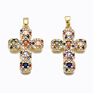 Brass Micro Pave Cubic Zirconia Pendants, Real 16K Gold Plated, Nickel free, Cross, Colorful, 27x18.5x4mm, Hole: 2.5x5mm(ZIRC-N039-157B-NF)