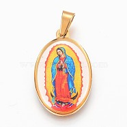 304 Stainless Steel Lady of Guadalupe Pendants, Oval with Virgin Mary, Golden, 27x17x3mm, Hole: 4x7mm(STAS-F165-33G)