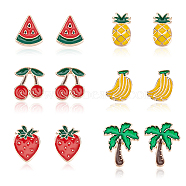 6 Pair 6 Style Watermelon & Cherry & Banana & Tree Enamel Stud Earrings Set, Light Gold Alloy Fruit Theme Jewelry for Women, Mixed Color, 12~17x8~13.5mm, Pin: 0.6mm, 1 Pair/style(EJEW-AN0001-34)