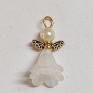 Angel Frosted Acrylic Pendants, with Glass Pearl Beads and Tibetan Style Alloy Wing Beads, Antique Golden, 30x14x13.5mm, Hole: 3.5mm(PALLOY-TAC0044-03)