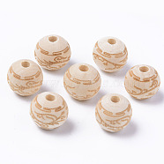 Unfinished Natural Wood European Beads, Large Hole Beads, for DIY Painting Craft, Laser Engraved Pattern, Round with Flower Pattern, Antique White, 16x14.5mm, Hole: 4mm(WOOD-S057-009A)