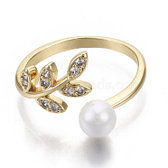 Brass Micro Pave Clear Cubic Zirconia Cuff Finger Rings, Open Rings, with ABS Plastic Imitation Pearl Beads, Nickel Free, Leaf, Real 18K Gold Plated, Size 8, Inner Diameter: 18mm(RJEW-N030-002-NF)