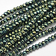 Faceted Rondelle Full Plated Electroplate Glass Beads Strands, Green Plated, 3.5x2mm, Hole: 0.5mm, about 130pcs/strand, 14.9 inch(EGLA-J134-3x2mm-FP01)