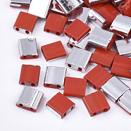 Electroplate Opaque Glass Seed Beads, 2-Hole, Rectangle, Silver Plated, Red, 5x4.5~5.5x2~2.5mm, Hole: 0.5~0.8mm(SEED-S023-18C-02D)