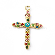 Vacuum Plating 201 Stainless Steel Enamel Pendants, with Rhinestone, Real 18K Gold Plated, Cross with Evil Eye Charms, Colorful, 40x26.5x4mm, Hole: 2.7mm(STAS-J401-VC998)